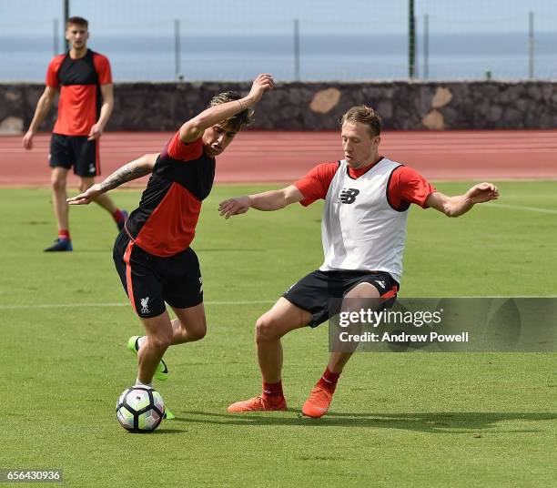 Lucas Leiva and Yan Dhanda of Liverpool during a training session at Tenerife Top Training on March 22, 2017 in Tenerife, Spain.