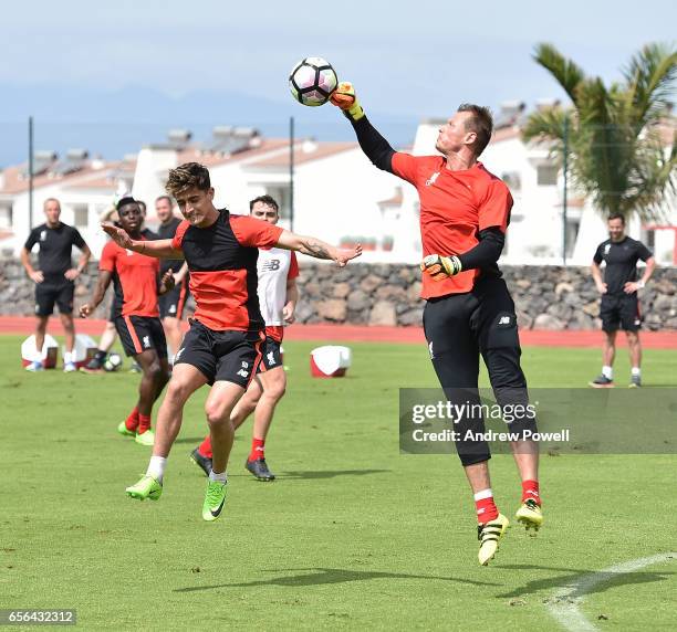 Alex Manninger and Yan Dhanda of Liverpool during a training session at Tenerife Top Training on March 22, 2017 in Tenerife, Spain.