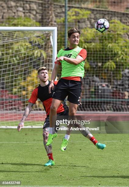 Yan Dhanda and Alberto Moreno of Liverpool during a training session at Tenerife Top Training on March 22, 2017 in Tenerife, Spain.
