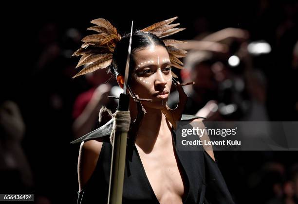 Model walks the runway at the Ceren Ocak show during Mercedes-Benz Istanbul Fashion Week March 2017 at Grand Pera on March 22, 2017 in Istanbul,...