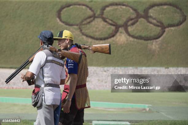 Valentino Rossi of Italy and Movistar Yamaha MotoGP during a shooting lesson with Nasser Al-Attiyah , London 2012 Men's Skeet Olympic Bronze Medalist...