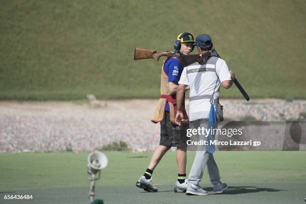 Valentino Rossi of Italy and Movistar Yamaha MotoGP during a shooting lesson with Nasser Al-Attiyah , London 2012 Men's Skeet Olympic Bronze Medalist...