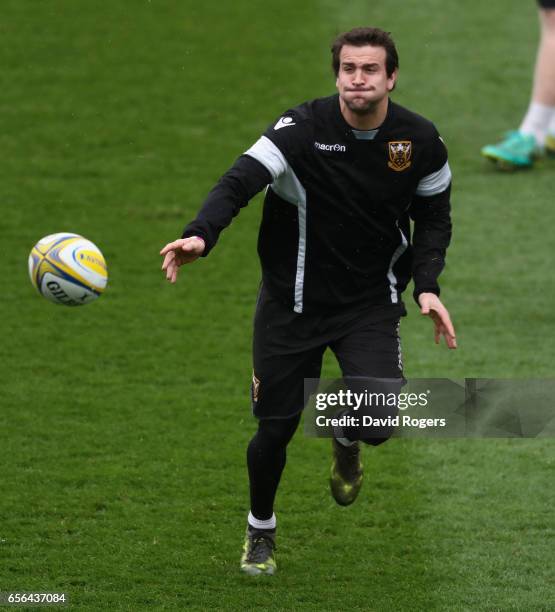 Lee Dickson passes the ball during the Northampton Saints training session held at Franklin's Gardens on March 22, 2017 in Northampton, England.