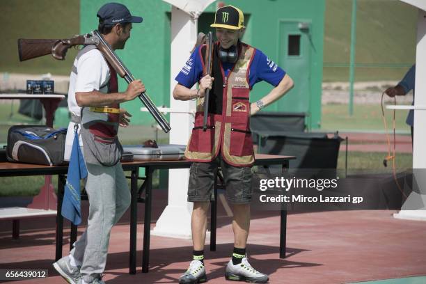 Valentino Rossi of Italy and Movistar Yamaha MotoGP during a shooting lesson with Nasser Al-Attiyah , London 2012 Men's Skeet Olympic Bronze Medalist...