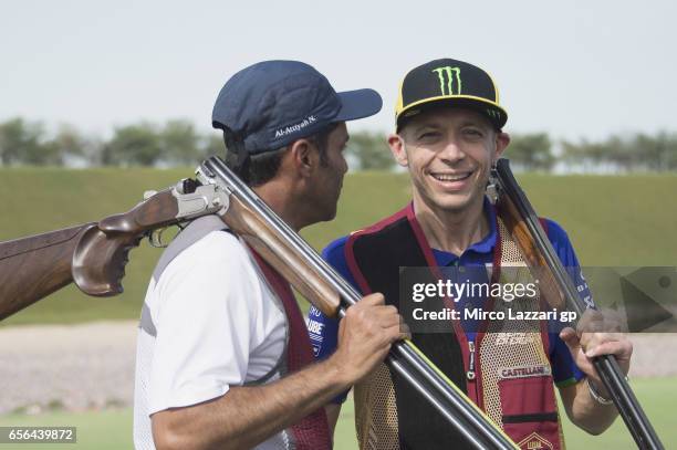 Valentino Rossi of Italy and Movistar Yamaha MotoGP takes part in a shooting lesson with Nasser Al-Attiyah, London 2012 Men's Skeet Olympic Bronze...