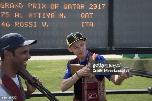 Valentino Rossi of Italy and Movistar Yamaha MotoGP takes part in a shooting lesson with Nasser Al-Attiyah, London 2012 Men's Skeet Olympic Bronze...