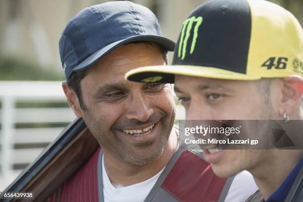 Valentino Rossi of Italy and Movistar Yamaha MotoGP takes part in a shooting lesson with Nasser Al-Attiyah , London 2012 Men's Skeet Olympic Bronze...