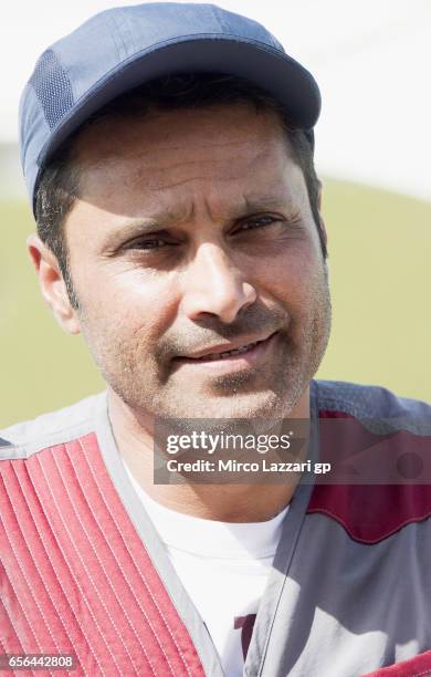 Nasser Al-Attiyah, London 2012 Men's Skeet Olympic Bronze Medalist and former Dakar Rally winner during his shooting lesson with Valentino Rossi of...