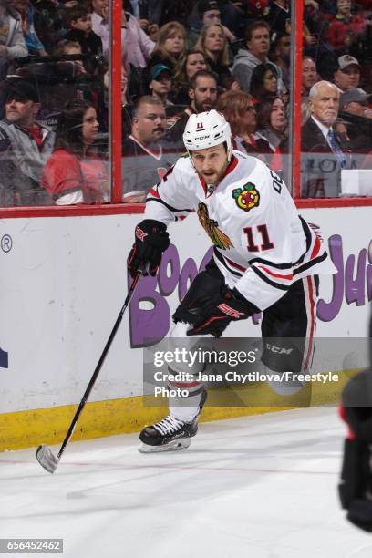 Andrew Desjardins of the Chicago Blackhawks skates against the Ottawa Senators at Canadian Tire Centre on March 16, 2017 in Ottawa, Ontario, Canada.