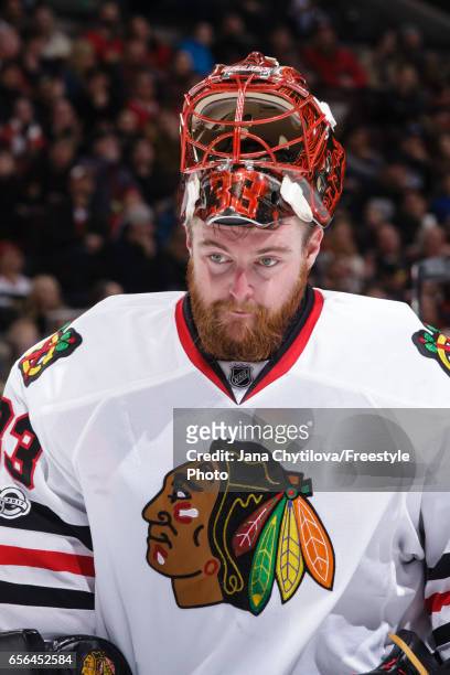 Scott Darling of the Chicago Blackhawks looks on against the Ottawa Senators at Canadian Tire Centre on March 16, 2017 in Ottawa, Ontario, Canada.