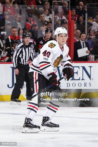 Making his NHL debut, John Hayden of the Chicago Blackhawks skates against the Ottawa Senators at Canadian Tire Centre on March 16, 2017 in Ottawa,...