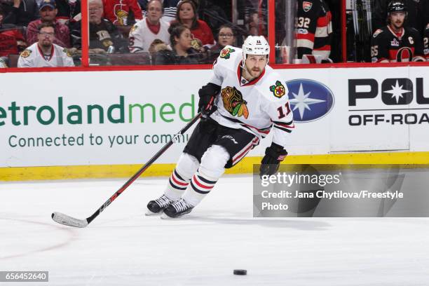 Andrew Desjardins of the Chicago Blackhawks skates against the Ottawa Senators at Canadian Tire Centre on March 16, 2017 in Ottawa, Ontario, Canada.