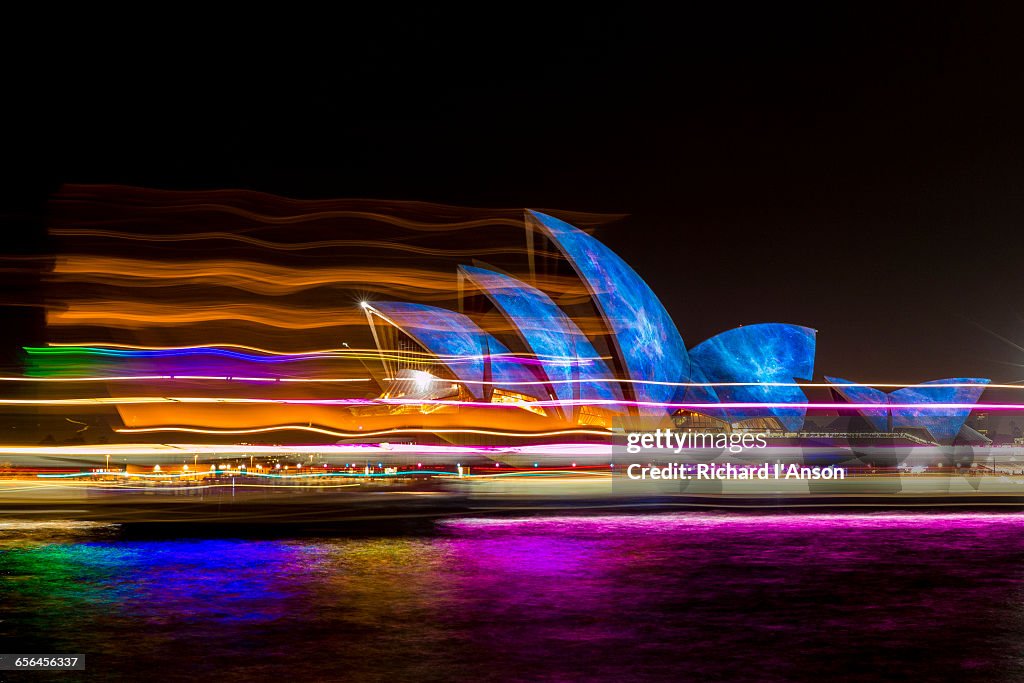 Opera House & ferry lights during Vivid festival