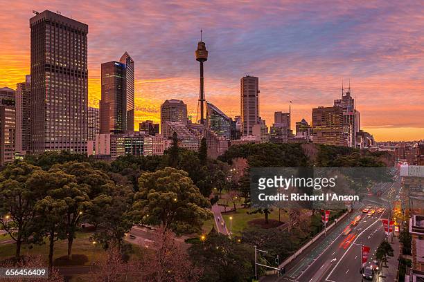 city & hyde park at sunset - street sydney stock pictures, royalty-free photos & images