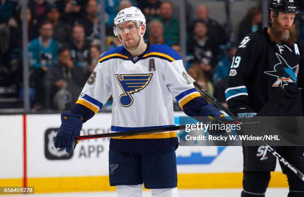 Paul Stastny of the St. Louis Blues looks on during the game against the San Jose Sharks at SAP Center on March 16, 2017 in San Jose, California.