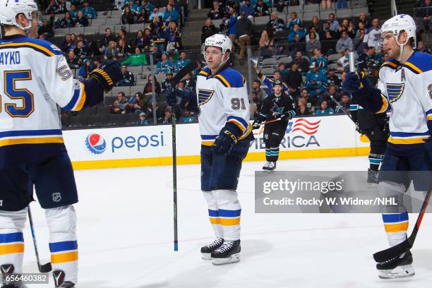 Vladimir Tarasenko of the St. Louis Blues celebrates after scoring a goal against the San Jose Sharks at SAP Center on March 16, 2017 in San Jose,...