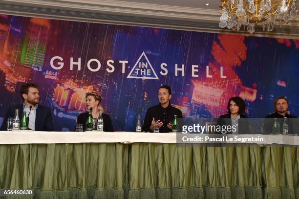 Pilou Asbaek, Scarlett Johansson, Rupert Sanders, Juliette Binoche and Michael Pitt attend the official press conference for the Paris Premiere of...