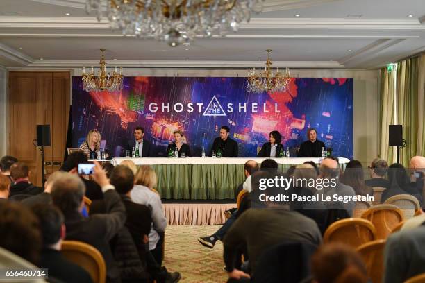 Pilou Asbaek, Scarlett Johansson, Rupert Sanders, Juliette Binoche and Michael Pitt attend the official press conference for the Paris Premiere of...