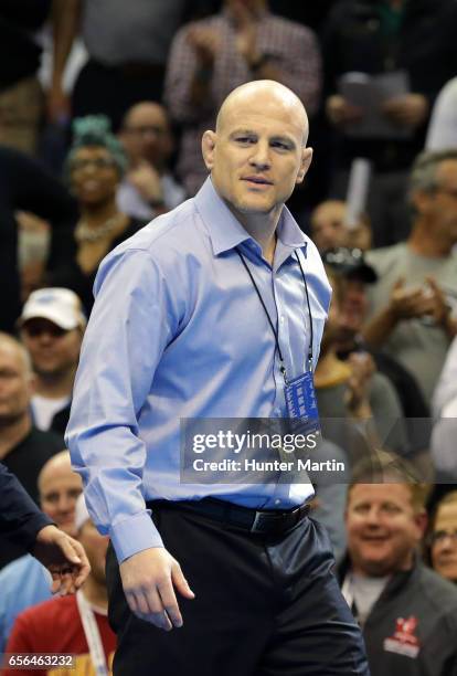 Head coach Cael Sanderson of the Penn State Nittany Lions reacts during the championship finals of the NCAA Wrestling Championships on March 18, 2017...