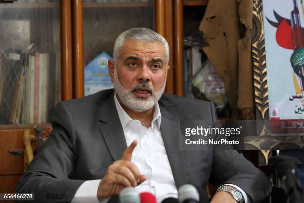 Senior Hamas leader Ismail Haniya, and leader of Hamas in the Gaza Strip, Yahya Sinwar, visit the family of late Hamas leader Sheikh Ahmed Yassin,...