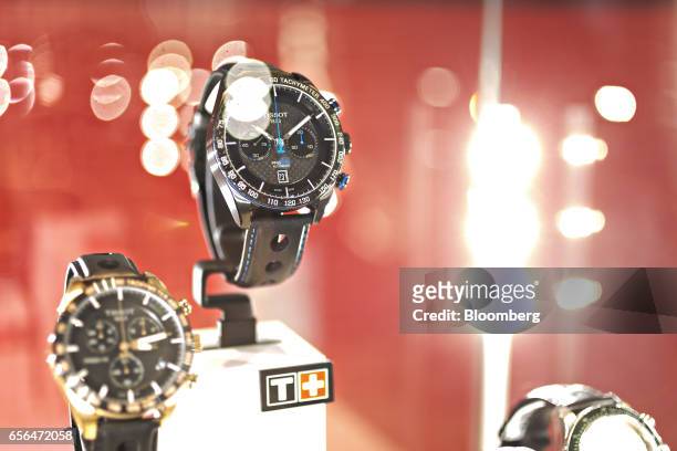 Tissot PRS 516 T-Sport luxury wristwatch, produced by Tissot, a unit of Swatch Group AG, stands on display during the 2017 Baselworld luxury watch...