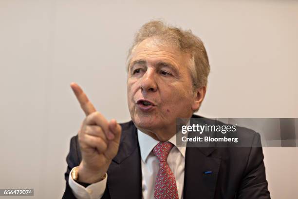 Francois Thiebaud, manager of Tissot, a unit of Swatch Group AG, gestures during an interview at the company's booth during the 2017 Baselworld...