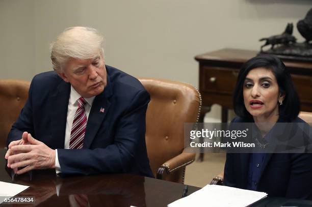 President Donald Trump listens to Seema Verma, administrator of the Centers for Medicare and Medicaid Service, during a Women in Healthcare panel in...