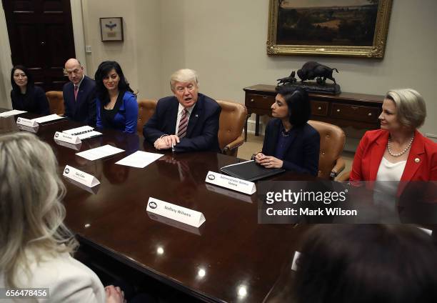 President Donald Trump speaks to women attending a Women in Healthcare panel hosted by Centers for Medicare and Medicaid Services head Seema Vermain...