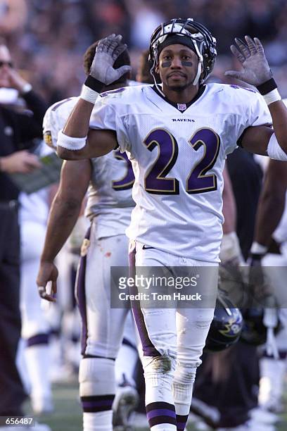 Duane Starks of the Baltimore Ravens celebrates against the Oakland Raiders during the AFC Championship at Network Associates Coliseum in Oakland,...
