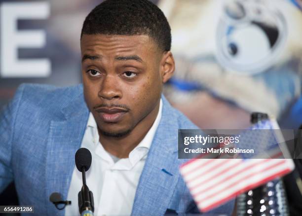 Errol Spence speaks during his press confrence with Kell Brook as they announce their fight on 27th May 2017 at Bramall lane on March 22, 2017 in...