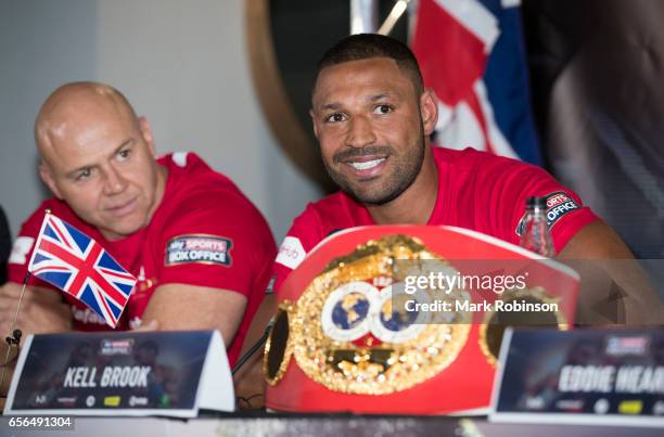 Kell Brook and his trainer Dominic Ingle speak during the press confrence with Erol Spence as they announce their fight on 27th May 2017 at Bramall...