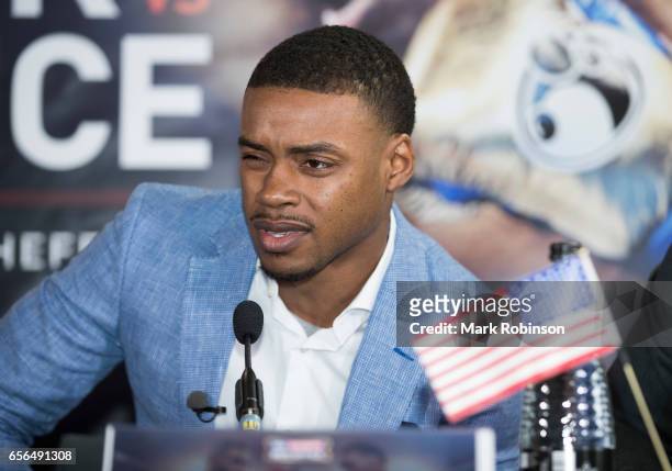 Errol Spence speaks during his press confrence with Kell Brook as they announce their fight on 27th May 2017 at Bramall lane on March 22, 2017 in...