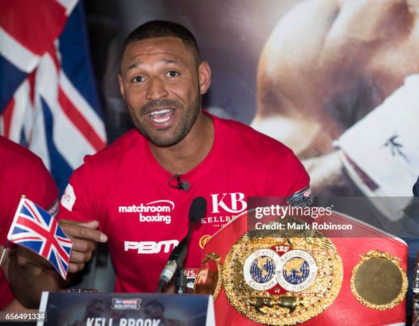 Kell Brook speaks during his press confrence with Errol Spence as they announce their fight on 27th May 2017 at Bramall lane on March 22, 2017 in...