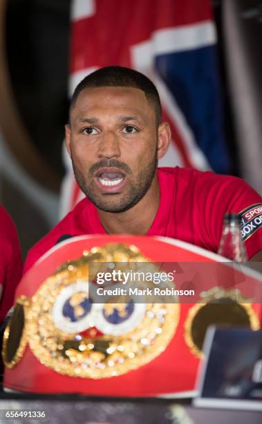 Kell Brook speaks during his press confrence with Errol Spence as they announce their fight on 27th May 2017 at Bramall lane on March 22, 2017 in...