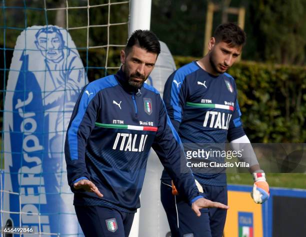 Gianluigi Buffon of Italy reacts during the training session at the club's training ground at Coverciano on March 22, 2017 in Florence, Italy.