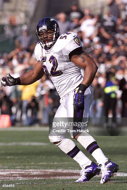 Ray Lewis of the Baltimore Ravens in action against the Oakland Raiders during the AFC Championship at Network Associates Coliseum in Oakland,...