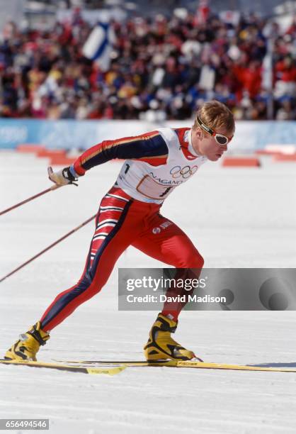 Bjoern Daehlie of Norway skis in the Men's 4 x 10 Kilometer Relay event of the Nordic Skiing competition at the 1998 Winter Olympics held on February...