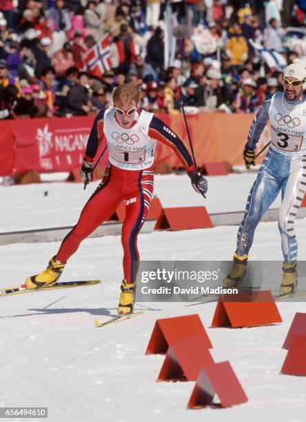 Bjoern Daehlie of Norway skis in the Men's 4 x 10 Kilometer Relay event of the Nordic Skiing competition at the 1998 Winter Olympics held on February...