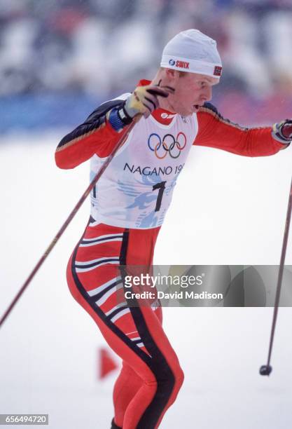 Bjoern Daehlie of Norway skis in the Men's 15 Kilometer Free Pursuit event of the Nordic Skiing competition at the 1998 Winter Olympics held on...