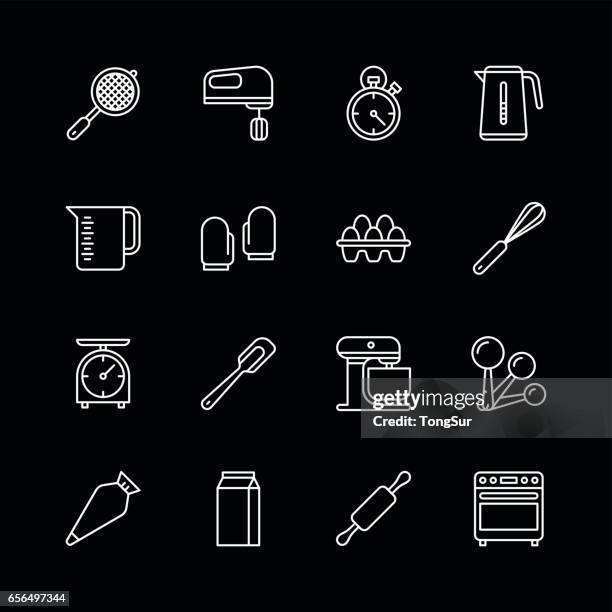 bakery equipment icons - line white - basting brush stock illustrations