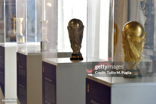 Italian Football Federation trophies are displayed in Palermo at Villa Niscemi on March 22, 2017 in Palermo, Italy.