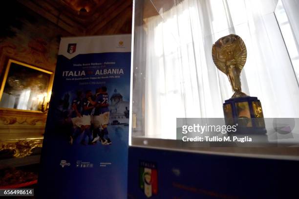 Jules Rimet Trophy 1934 is displayed during an exhibition of Italian Football Federation Trophies and Memorabilia at Villa Niscemi on March 22, 2017...
