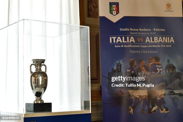 Italian Football Federation trophies are displayed in Palermo at Villa Niscemi on March 22, 2017 in Palermo, Italy.