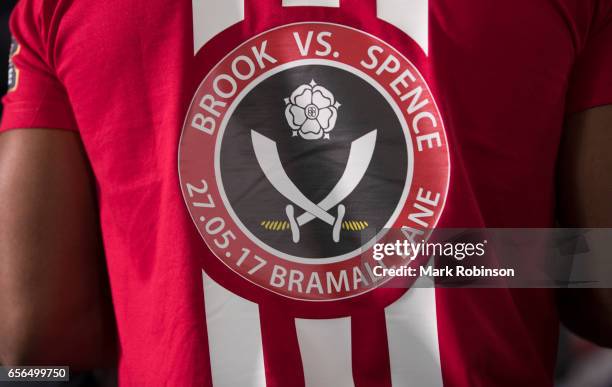 Kell Brook wears a T shirt promoting his fight against Errol Spence as they announce their fight on 27th May 2017 at Bramall lane on March 22, 2017...