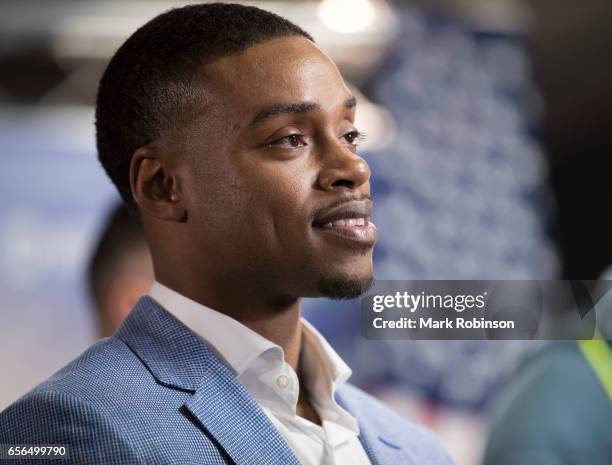 Errol Spence speaks during his press confrence with Kell Brook as they announce their fight on 27th May 2017 at Bramall lane on March 22, 2017 in...