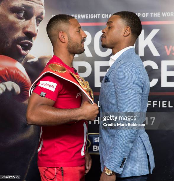 Kell Brook and Errol Spence hold a press conference to announce their fight on 27th May 2017 at Bramall lane on March 22, 2017 in Sheffield, England.