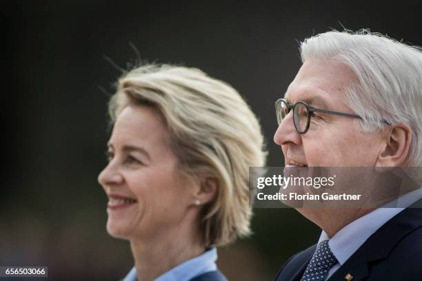 German new president Frank-Walter Steinmeier and German Defense Minister Ursula von der Leyen review troops during his welcome ceremony with military...