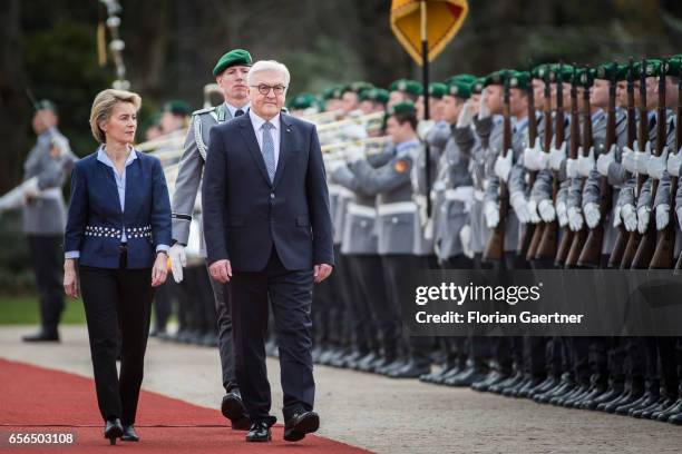 German new president Frank-Walter Steinmeier and German Defense Minister Ursula von der Leyen review troops during his welcome ceremony with military...