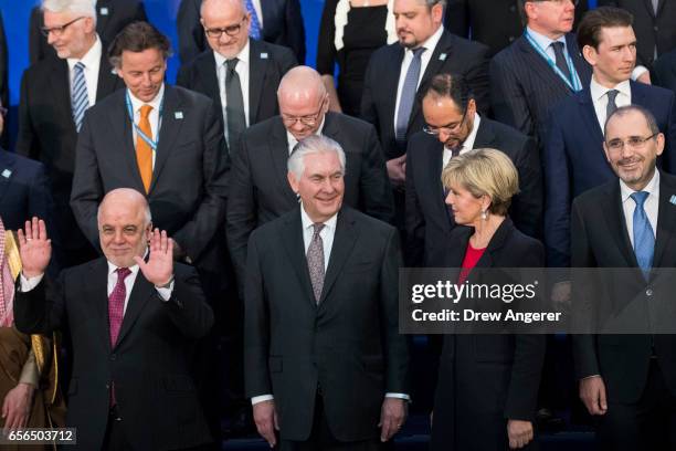 Prime Minister of Iraq Haider al-Abadi, U.S. Secretary of State Rex Tillerson and Australian Minister for Foreign Affairs Julie Bishop stand for a...