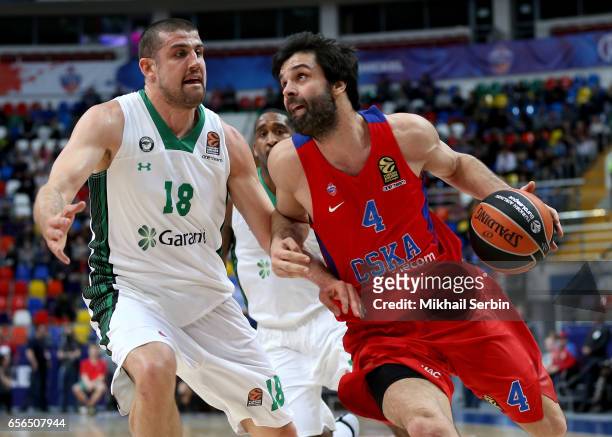 Milos Teodosic, #4 of CSKA Moscow competes with Adrien Moerman, #18 of Darussafaka Dogus Istanbul in action during the 2016/2017 Turkish Airlines...